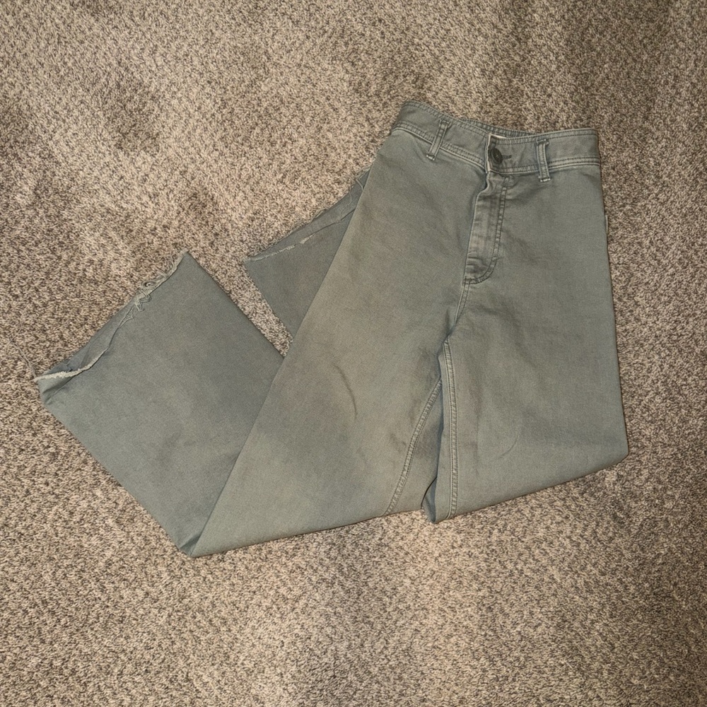 ZARA Olive Green High Rise Wide Leg Cropped Jeans Raw Hem Size 2 - Picture 8 of 10